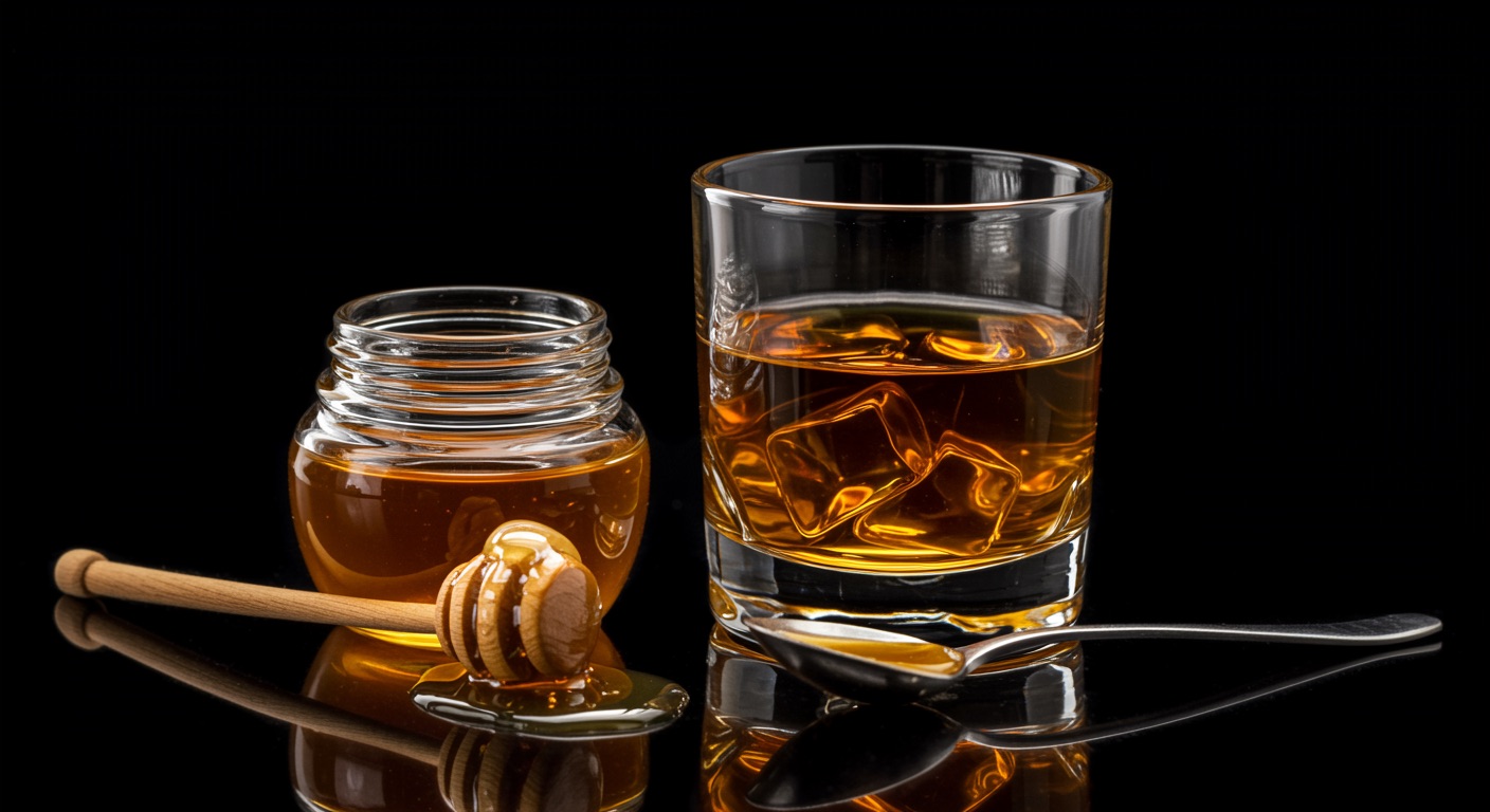 Honey pot beside whisky dram showing natural pairing with Scotland's finest whiskies